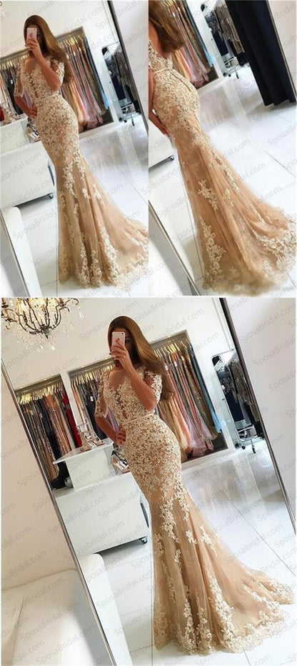 Charming Lace Yellow Mermaid Popular Prom Dress, Half Sleeves Prom Dresses, Evening Dress,BD51466