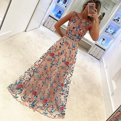 Floral Embroidery Prom Dresses,A-line Prom Dress,Sleeveless Prom Dress,High Quality Prom Dress,Gorgeous Prom Dress,PD0052