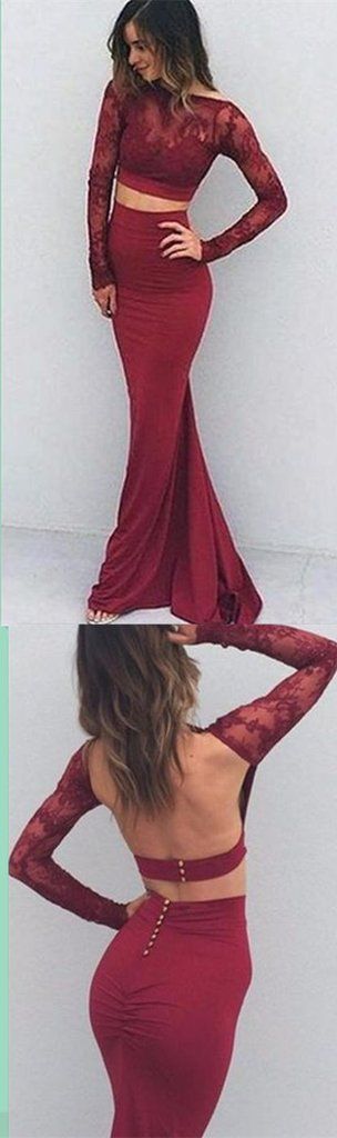 Sexy Two Pieces Charming Backless Lace Long Sleeves Evening Dresses,PD4558911