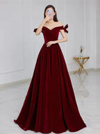 Burgundy sweetheart neck off shoulder long prom dress, velvet bridesmaid dress,BD22260