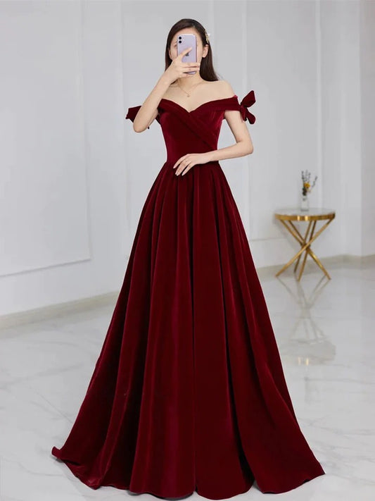 Burgundy sweetheart neck off shoulder long prom dress, velvet bridesmaid dress,BD22260