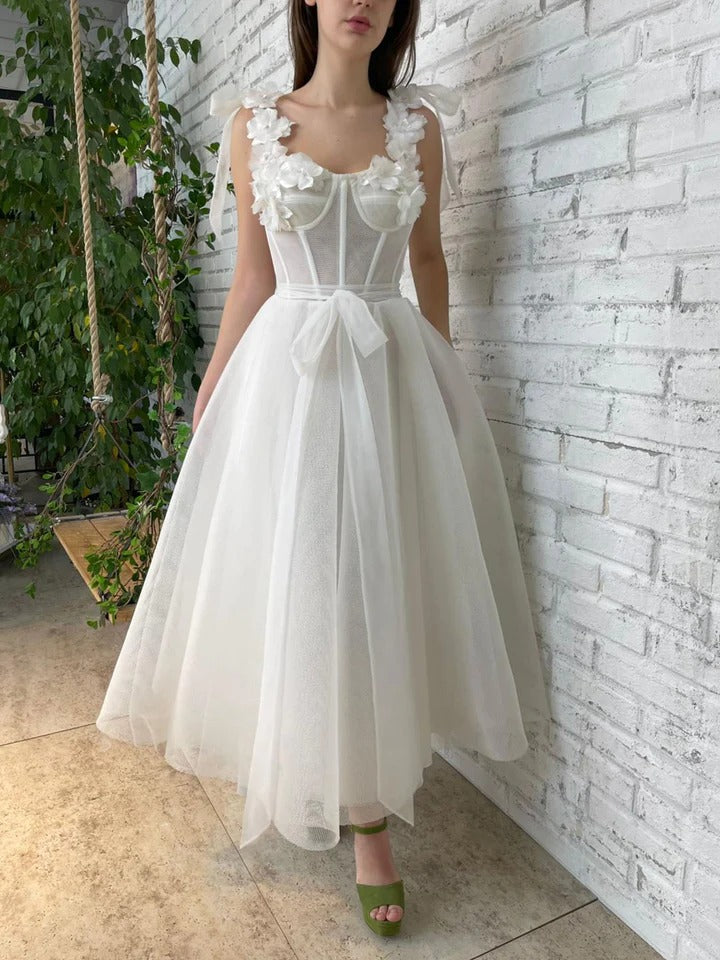 Aline tea length ivory prom dress