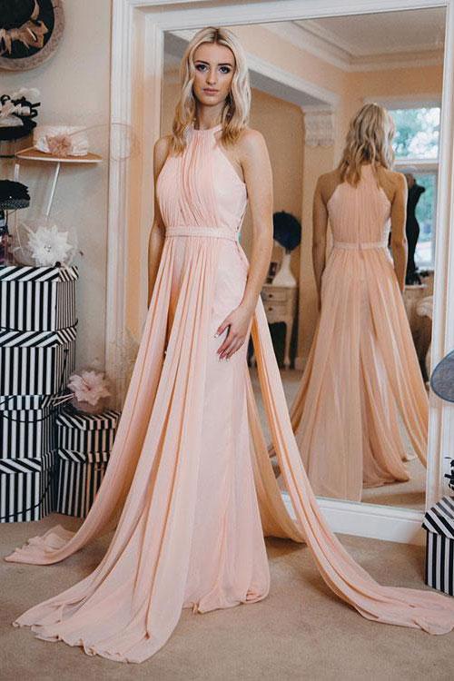 blush pink simple chiffon modest long evening dress cheap prom dress,HO159
