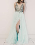 A-line light green tulle long prom dresses, light green evening dresses,PD790005