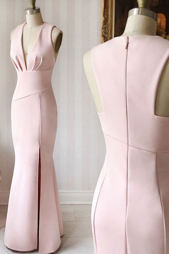 light pink mermaid v-neck formal side slit long evening dress,HO170