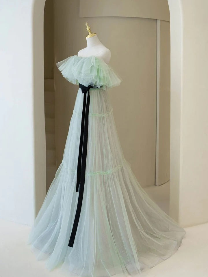 Green A line tulle long prom dress green tulle formal dress,BD22206