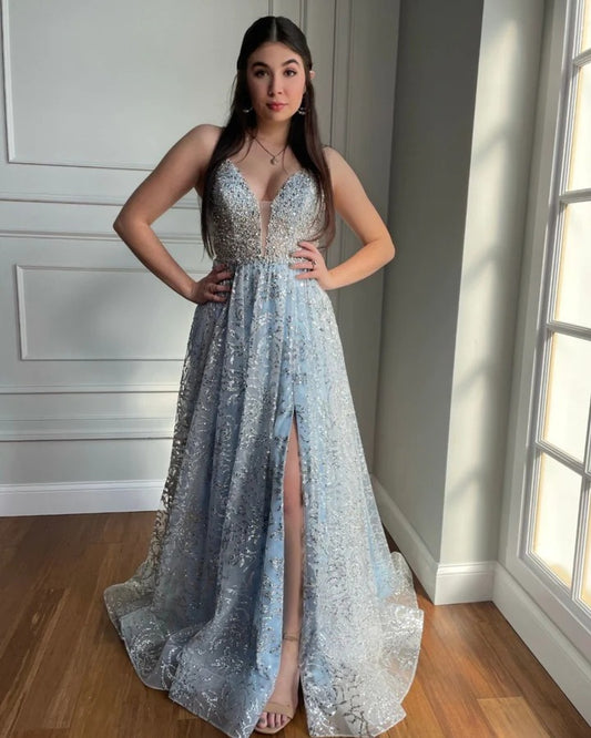 A line v neck sequin long gray blue prom dress, blue graduation dress,BD22226