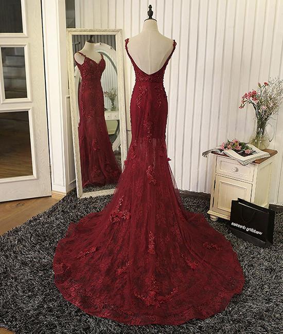 Red V Neck Lace Prom Dresses, Red Evening Dresses,PD4558976