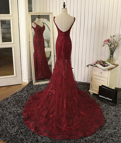 Red V Neck Lace Prom Dresses, Red Evening Dresses,PD4558976