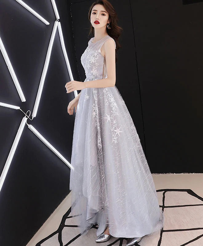 A line Gray Prom Dresses, High Low Gray Homecoming Dresses Lace Formal Graduation Party Dress,BD22199