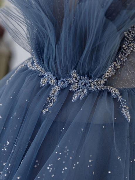 Blue sweetheart tulle sequin long prom dresses, blue evening dress,PD2202