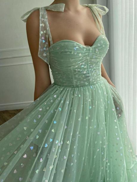 Green tulle tea length prom dresses, green tulle formal dress,PD2203