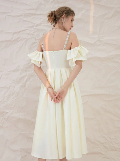 Light yellow satin short prom dress, yellow bridesmaid dress,BD22257