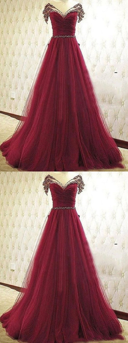 Burgundy Prom Dresses A-line Scoop Floor-length Tulle Sequins Sexy Prom Dress/Evening Dress