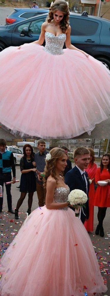 Modest Ball Gown Sweetheart Long Tulle Beading Quinceanera Dress Pink Sweet 15 Dresses 16 Gowns, PD4558895