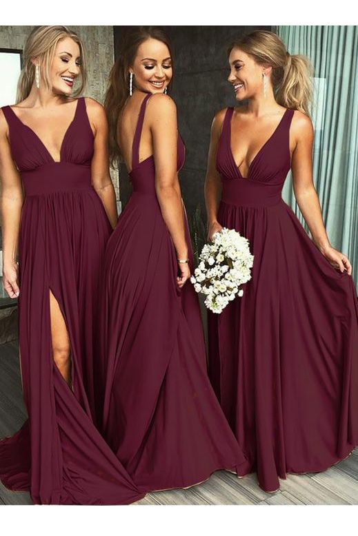 Burgundy Bridesmaid Dresses,Chiffon Bridesmaid Dress,V-neck Bridesmaid Dress,Cheap Bridesmaid Dresses,Bridesmaid Dress with slit,BD4578