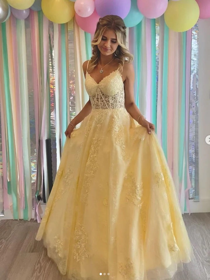 Yellow Aline tulle lace long prom dress yellow tulle long party dress,BD22227