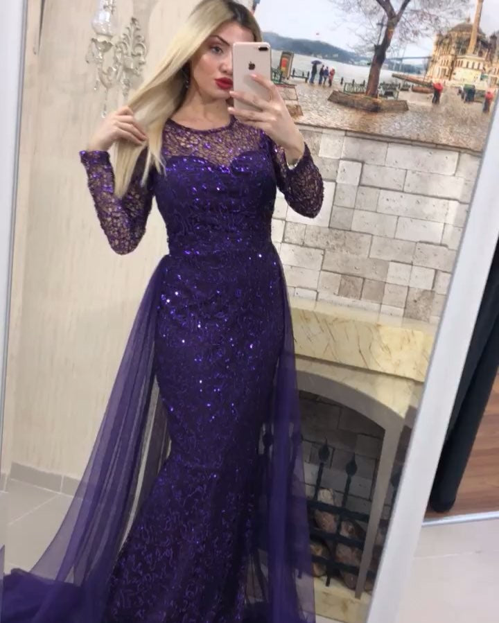 Long Sleeves Mermaid Prom Dresses With Detachable, BH91306
