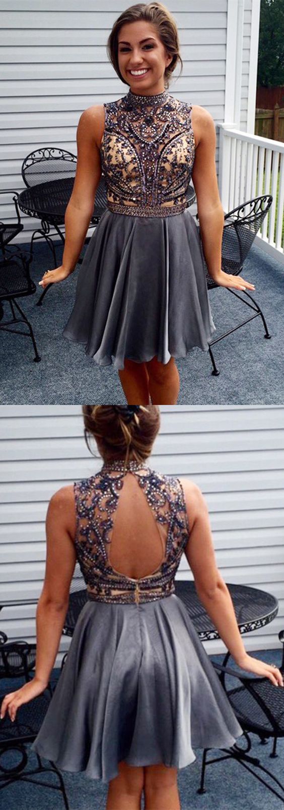 short homecoming dresses,beaded homecoming dresses,open back homecoming dresses,grey homecoming dresses,PD455835