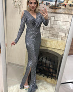 Long Sleeve V Neck Prom Dresses with Slit, BH91308