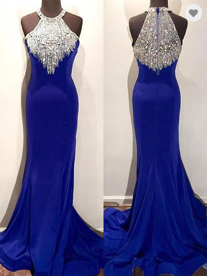 royal blue formal mermaid beaded long evening dress, HO218