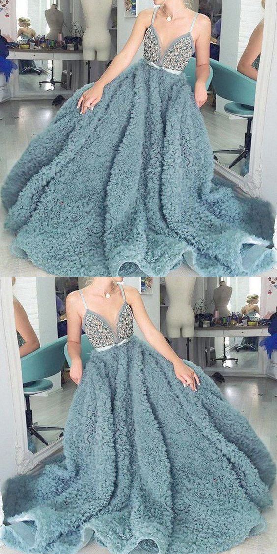 spaghetti straps dusty blue plush long prom dress, HO242