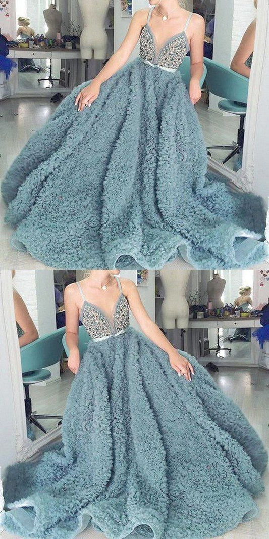 spaghetti straps dusty blue plush long prom dress, HO242