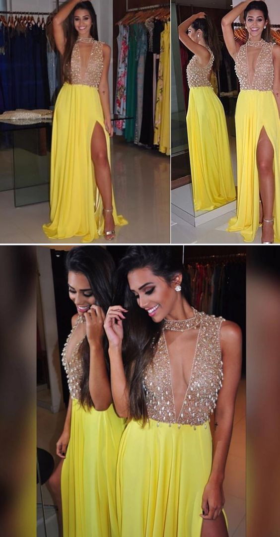 Sexy deep v-neck prom dress, Yellow chiffon party dress, Sparkly gorgeous beading prom dresses,PD455887