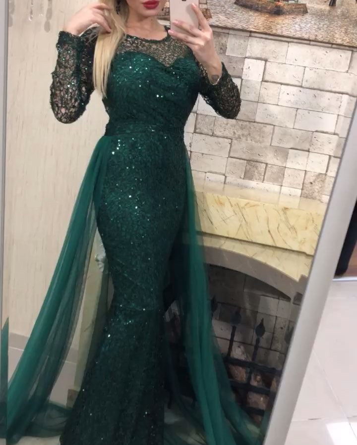 Long Sleeves Mermaid Prom Dresses With Detachable, BH91306