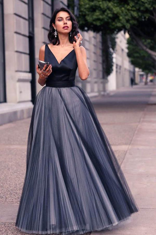 V-Neck Sleeveless Tulle Floor Length Evening Dress Prom Dresses,PD45039
