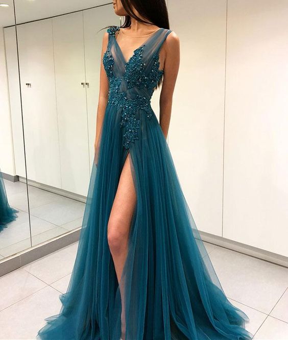 teal green tulle long prom dress side slit charming evening dress, HO224