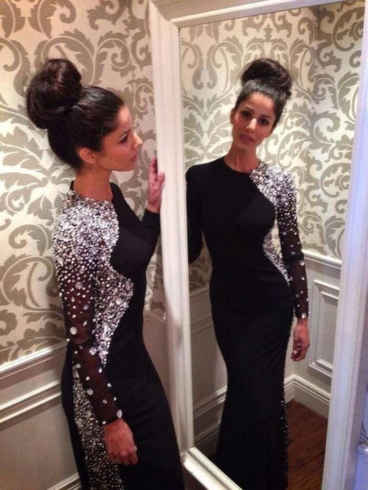 black Evening Dress,long Prom Dress,charming prom dress,long sleeves prom dress,BD805