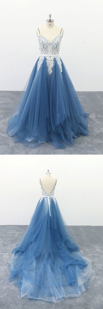 spaghetti straps blue tulle with lace appliques long prom dress,HO162