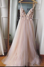 spaghetti straps v-neck tulle with appliques chic long prom dress,HO160