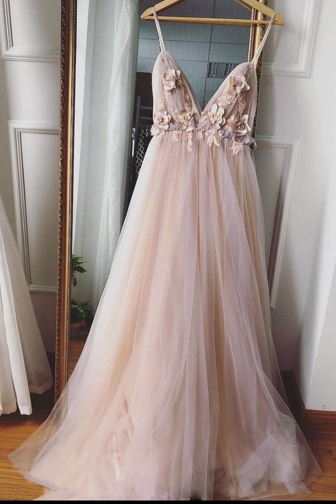 spaghetti straps v-neck tulle with appliques chic long prom dress,HO160