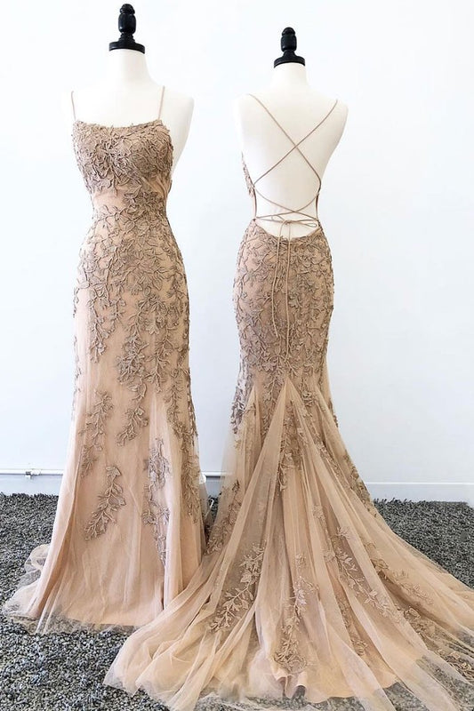 gold champagne tulle with lace appliques mermaid long open back evening dress,HO163