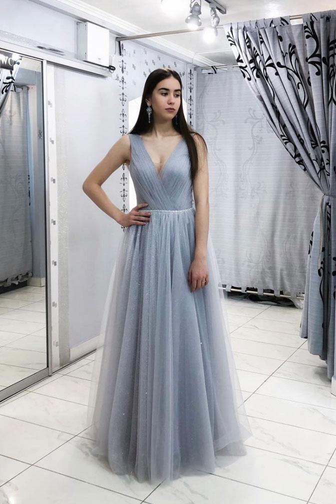 chic sparkle grey tulle simple v-neck A-line prom dress ,HO157
