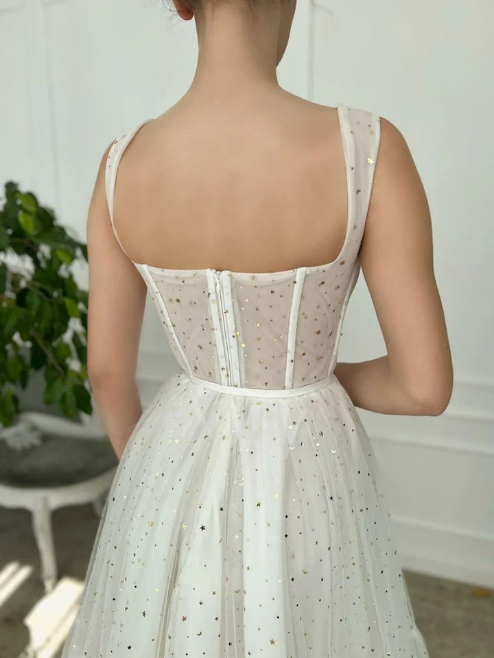 ivory sweetheart neck tea length prom dress ivory formal dress,BD22214