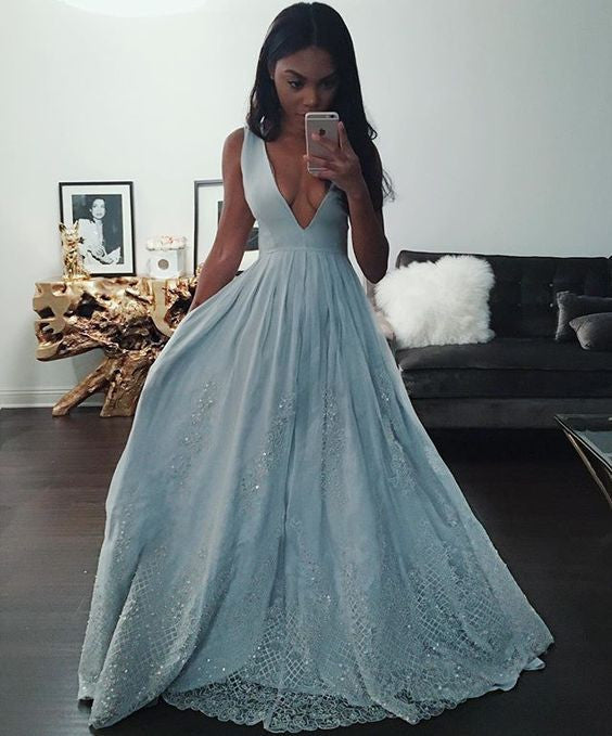 blue prom dress,V-neck prom dresses,charming prom Dress,party prom dress,evening dress,BD0405