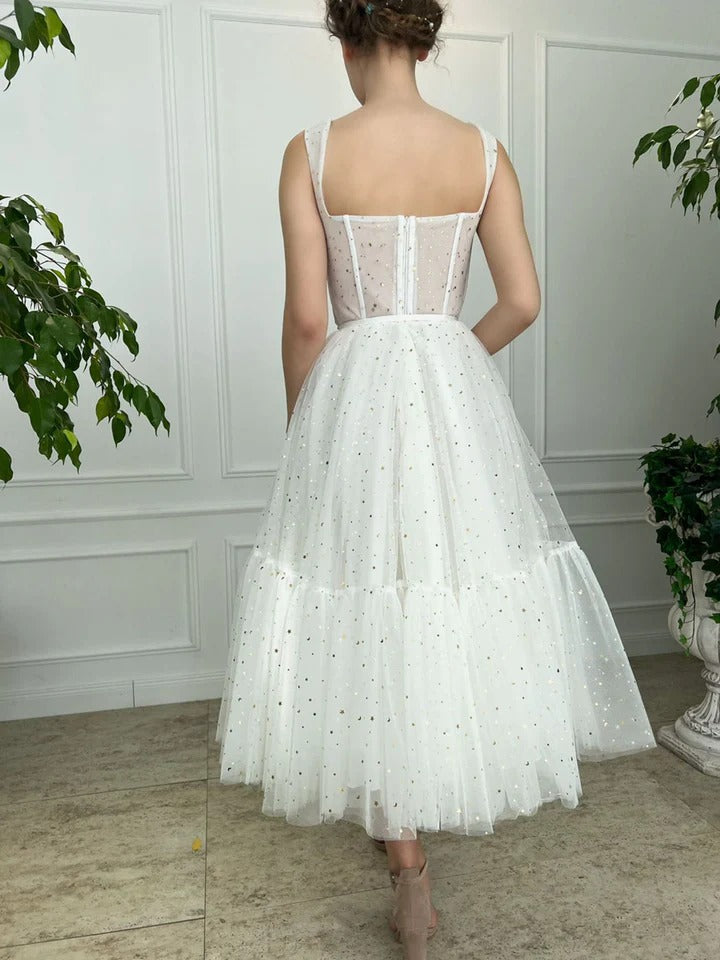 ivory sweetheart neck tea length prom dress ivory formal dress,BD22214