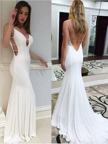 sexy white mermaid prom dress open back v-neck formal evening dress, PD4545