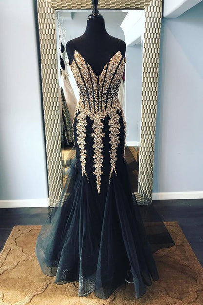 charming formal beaded mermaid navy v-neck long prom dress,HO128