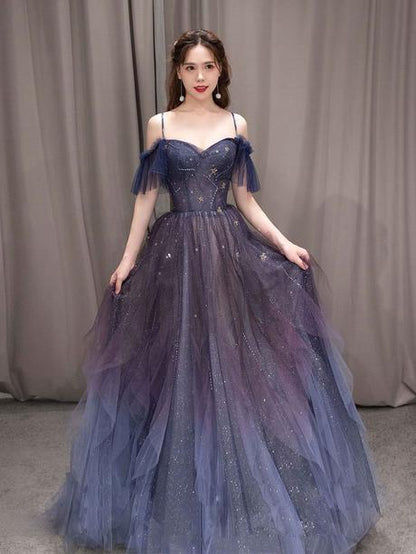 Purple tulle off shoulder A-line long prom dress, purple evening dress,PD2206