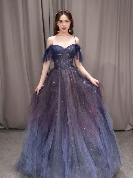 Purple tulle off shoulder A-line long prom dress, purple evening dress,PD2206