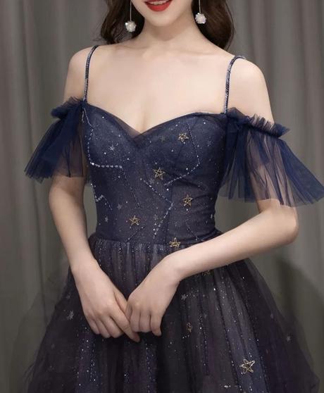 Purple tulle off shoulder A-line long prom dress, purple evening dress,PD2206