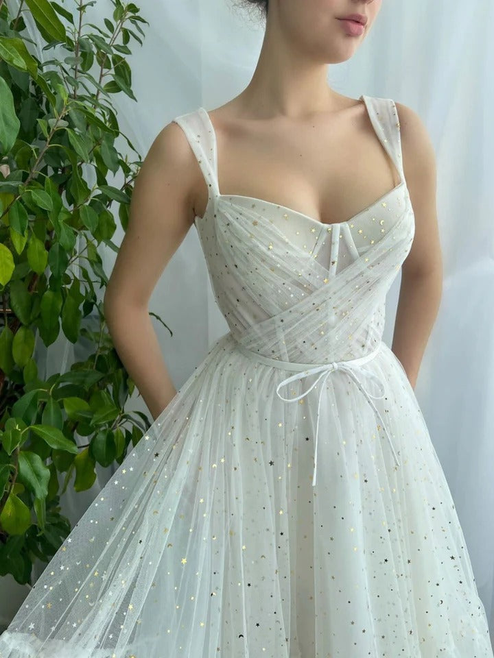 ivory sweetheart neck tea length prom dress ivory formal dress,BD22214