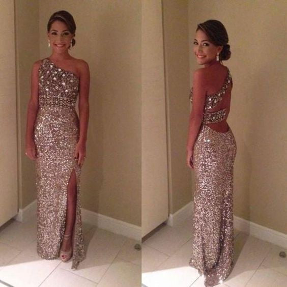 one shoulder Prom Dress,long Prom Dress,charming Prom dress,side slit rhinestones prom Dress,BD607