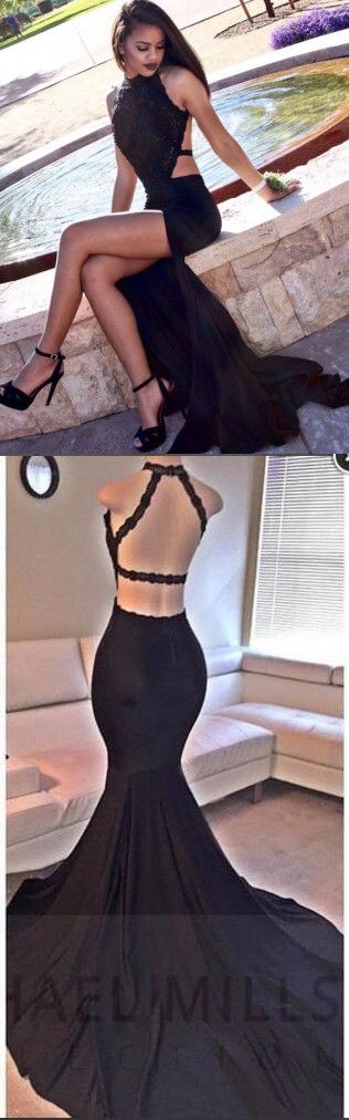 black mermaid long prom dress, black long mermaid evening dress with slit,PD45823