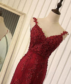 Red V Neck Lace Prom Dresses, Red Evening Dresses,PD4558976