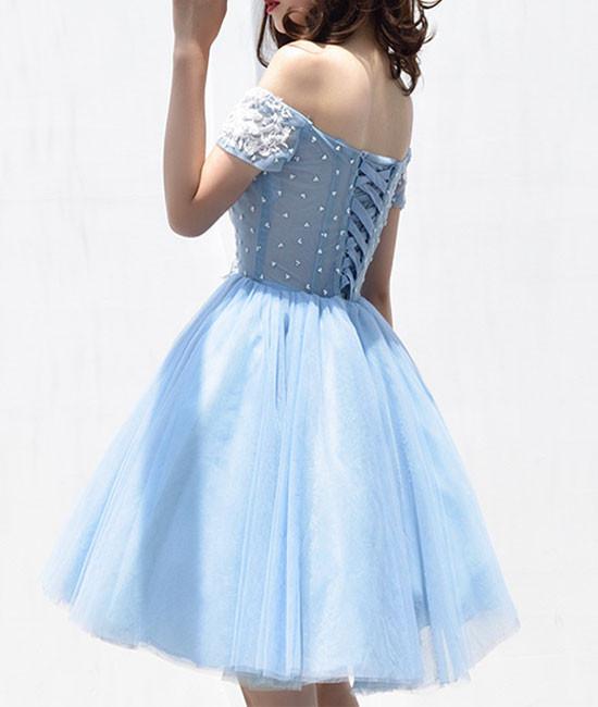 Cute Tulle Blue Lace Short Prom Dresses, Cute Homecoming Dresses,PD4558963